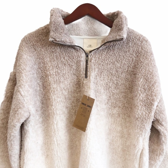 THREAD & SUPPLY NWT Wubby Sherpa Fleece Pullover Jacket in Cream and Gray - Picture 4 of 13